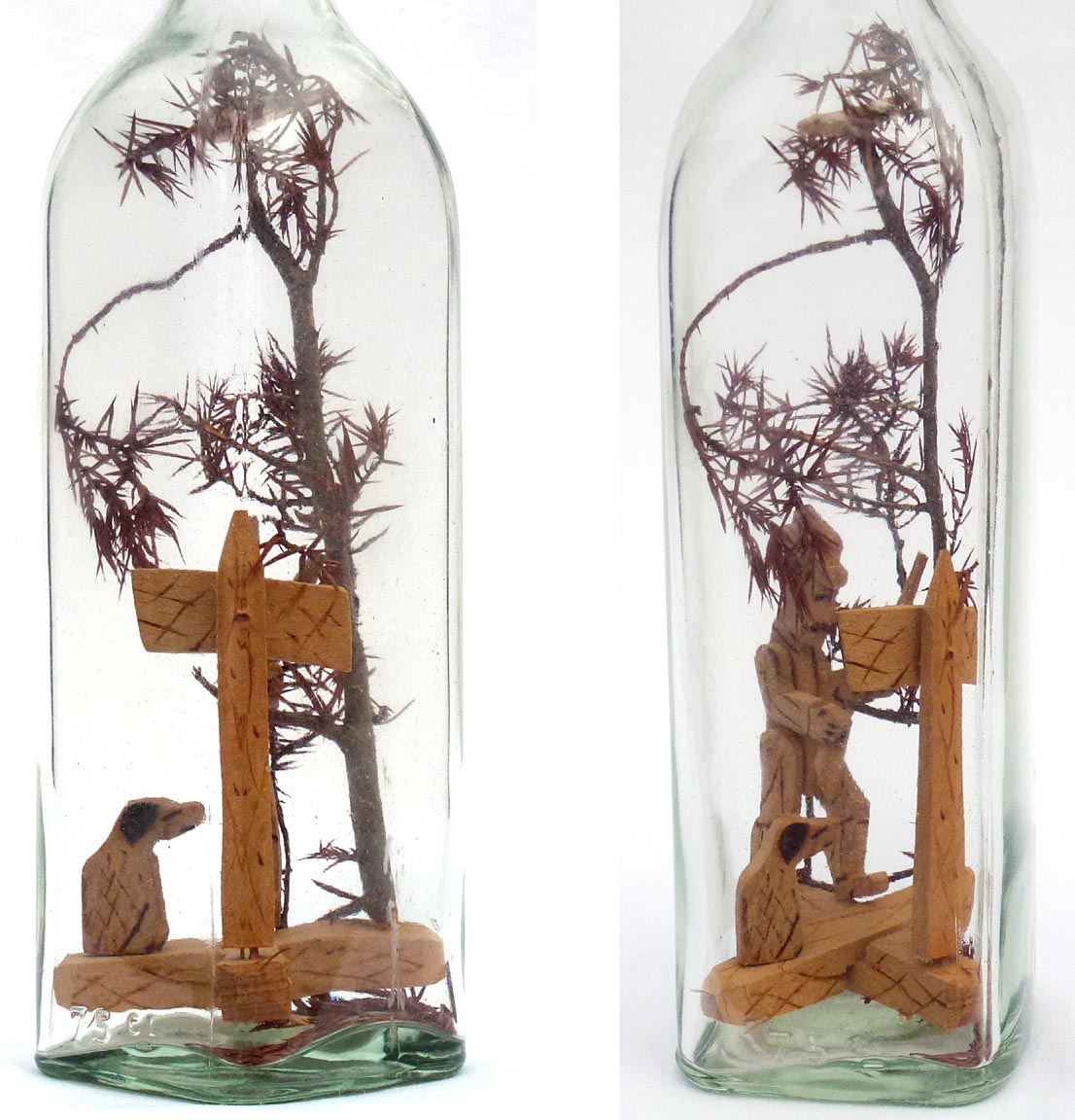 Bottle whimsy with carved hunter, dog, and bird