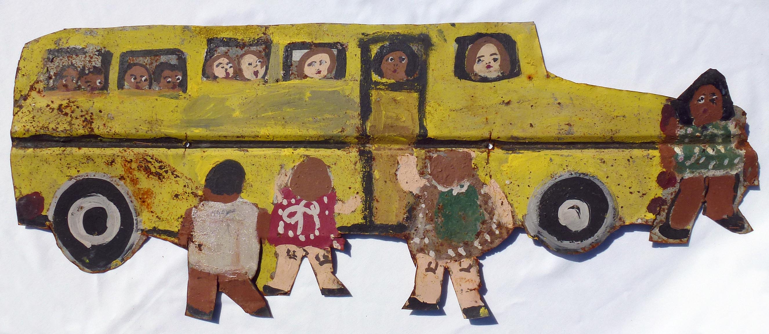 Painted Metal School Bus Scene by Betty Sue Matthews