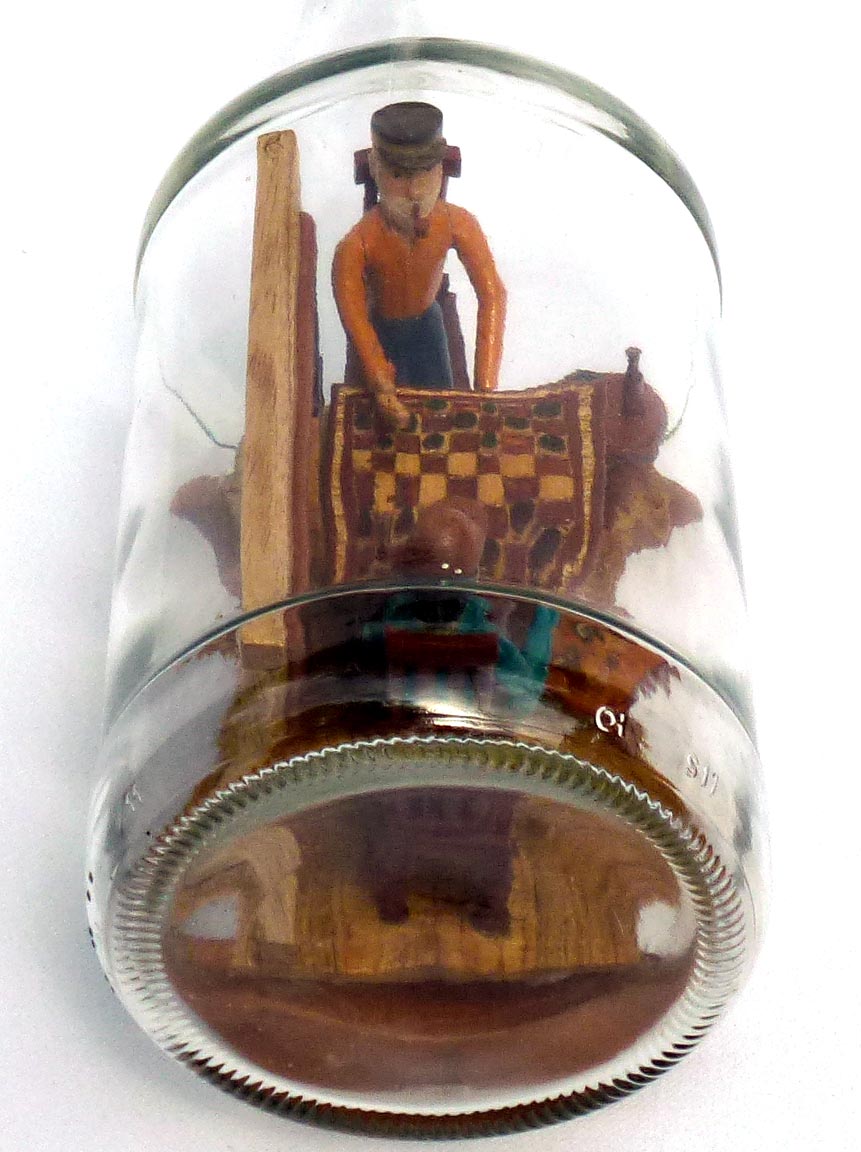 Intricate Bottle Whimsey of Men Playing Checkers