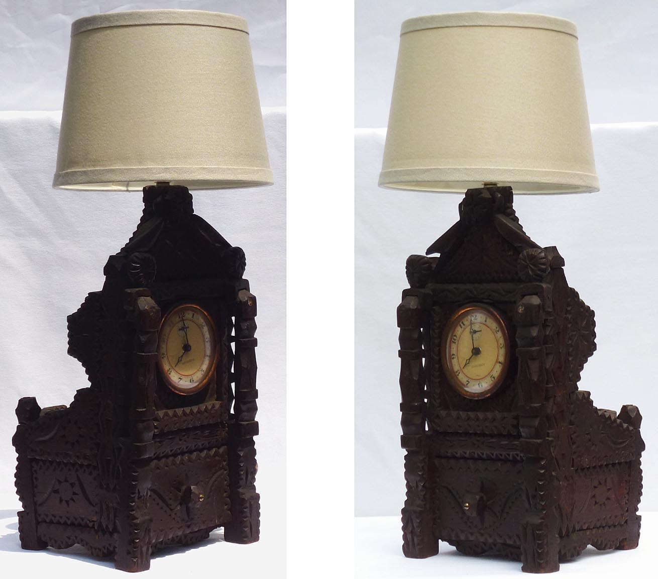 Tramp art lamp with clock and drawer