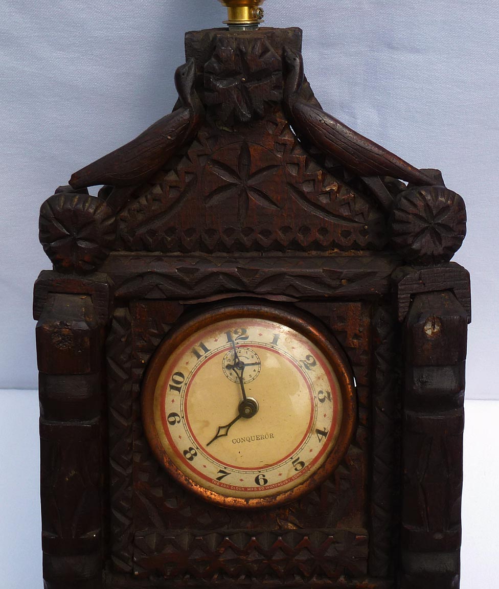 Tramp art lamp with clock and drawer