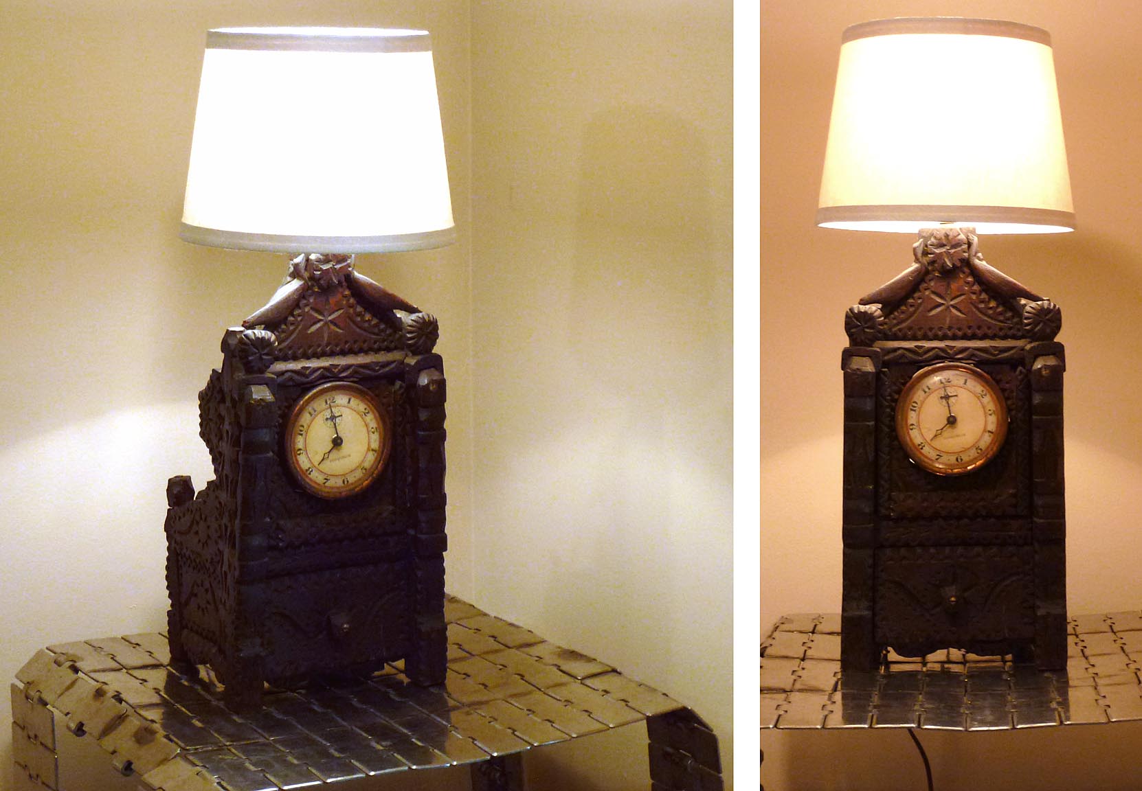 Tramp art lamp with clock and drawer