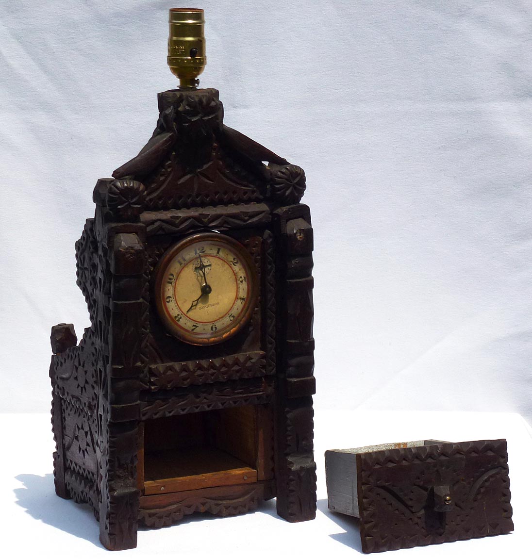 Tramp art lamp with clock and drawer