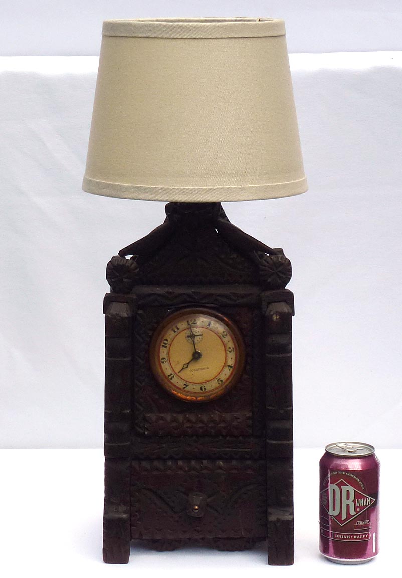 Tramp art lamp with clock and drawer